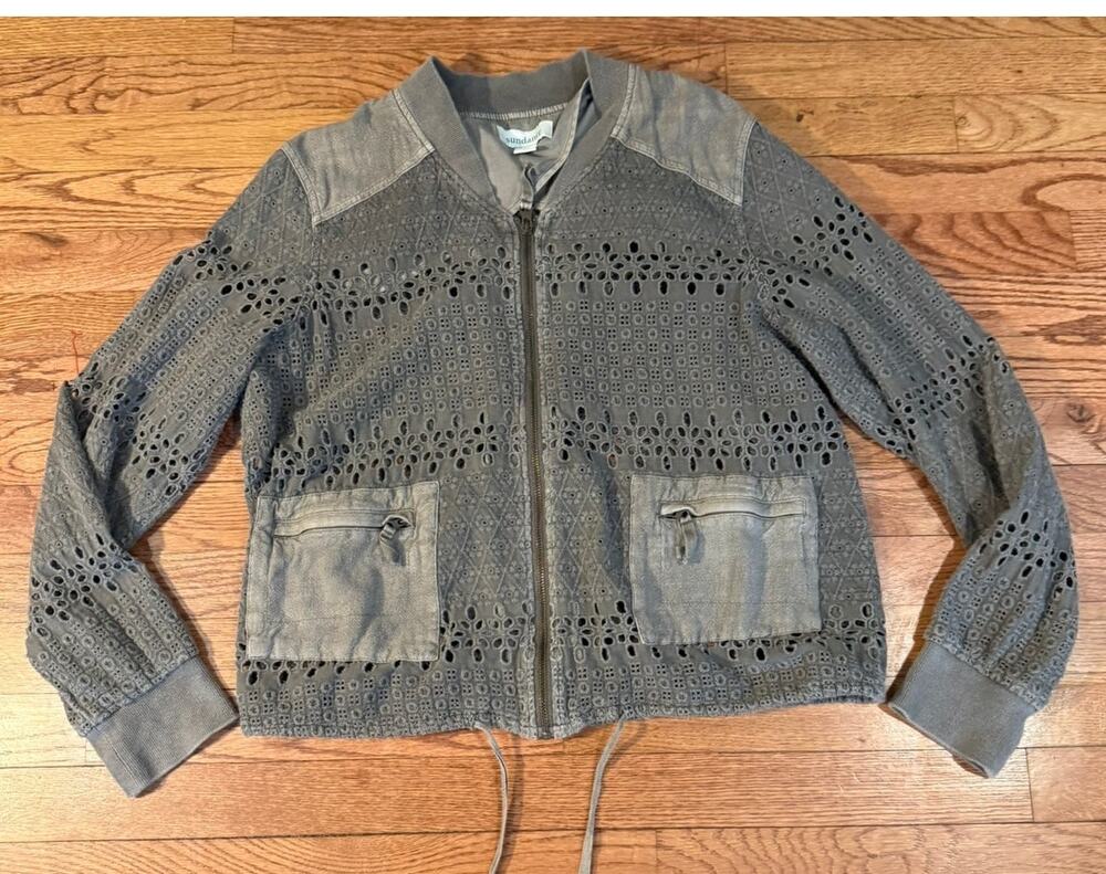 Sundance Gray Eyelet Zip Front Jacket Boho Utility Style Size M